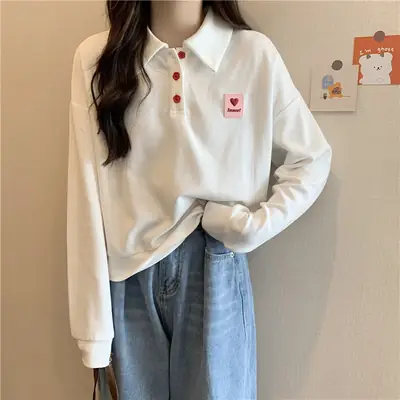 Women Purple Polo Collar Long Sleeve Top