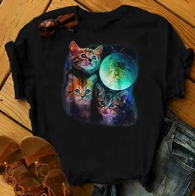Green Cat Print T-Shirt for Women Men Casual Wear