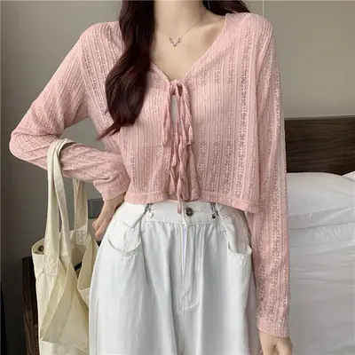 Women's Green Knitted V-Neck Shawl Jacket Summer Top