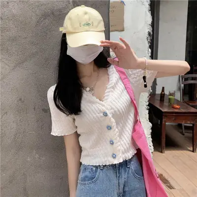 2025 Summer V-Neck Knit Short Top Yellow