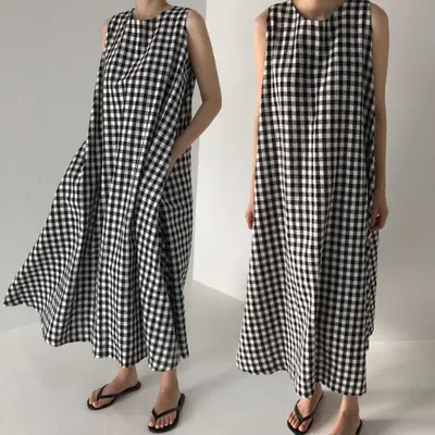 Black White Checkered Vest Vest Dress Women Loose Sleeveless Over-the-Knee Long Vest
