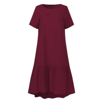 Women Ruffled Cotton Dress Maroon Short Sleeve