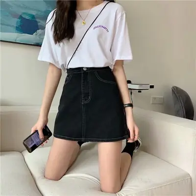 Women Wearing White T Shirt Black Denim Skirt Large Spring Summer Slimming