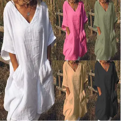 2022 V-Neck Cotton Linen Dress Large