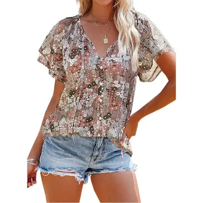 2025 Printed V-Neck Short Sleeve Top for Women