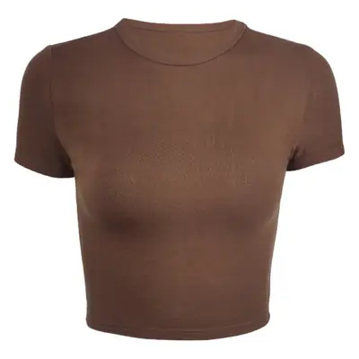 Black Cotton Elastic Slim Crewneck T-Shirt for Women