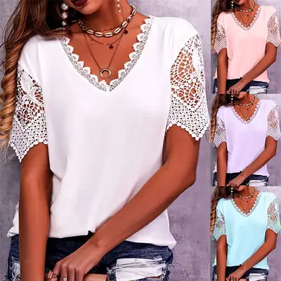 2023 White Lace V-Neck Short Sleeve T-Shirt for Women