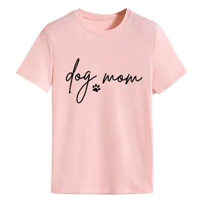Dog Mom Printed T-Shirt Pink Round Neck Loose Fit