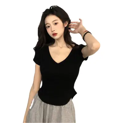 Women V-Neck Black T-Shirt Summer 2025
