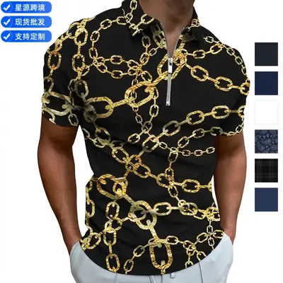 Men Navy Blue Zipper Polo Shirt with Gold Chain Pattern