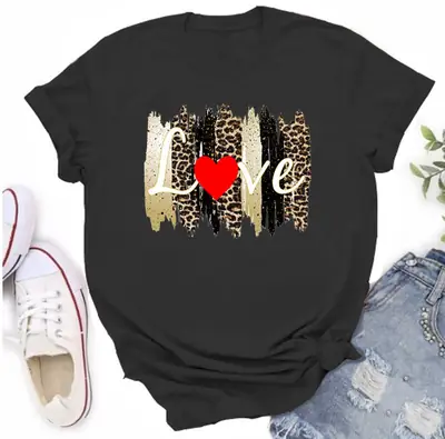 Women Orange Leopard Heart T-Shirt Casual Summer