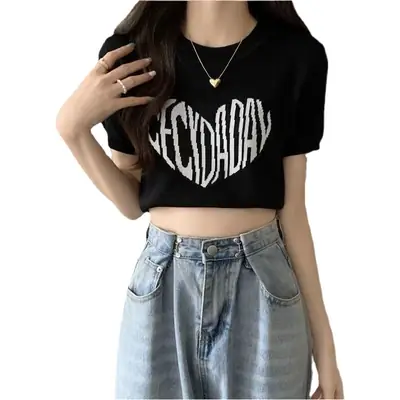 Women Love Pattern Short Sleeve T Shirt Shorts Set Light Blue Black