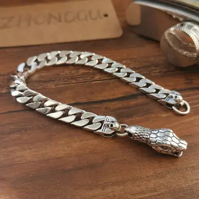Retro Snake Head Bracelet Silver Chain for Men Women