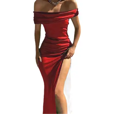 Red One-Neck Sleeveless Dress with High Slit