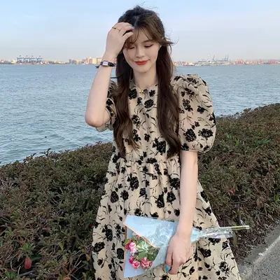 French Retro Floral Puff Sleeve Dress Women Summer