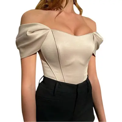 Off-Shoulder Fishbone Waist Tube Top Vest Blue