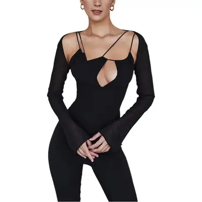 Black Mesh Long Sleeve Slimming Top for Women