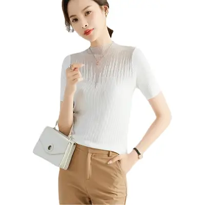 Women White Knit Short Sleeve Top with Hollow Out Design