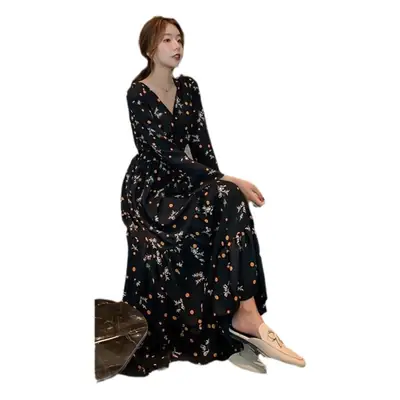 Korean Floral Chiffon Dress Long Sleeve Mid Length