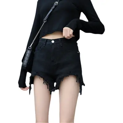 Denim Shorts Women Black High Waist Ripped Shorts