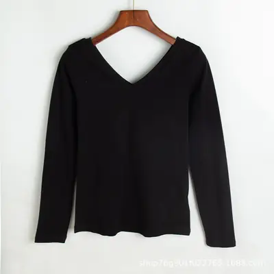 V-Neck Long Sleeve T-Shirt Black 2022 Spring Summer