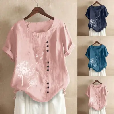 2022 Women's Printed Top 9 Button Pink Blue Green