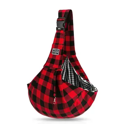 Gray Adjustable Shoulder Bag for Dogs with Checkered Strap