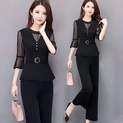Women's Maroon Age-Reducing Mesh Pencil Pants Set