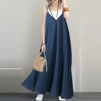 Women Loose Sleeveless V-Neck Long Dress Beige