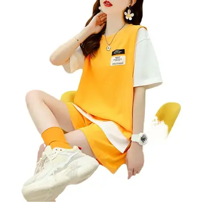 Women Grey Loose Shorts Set Summer Casual Korean Style