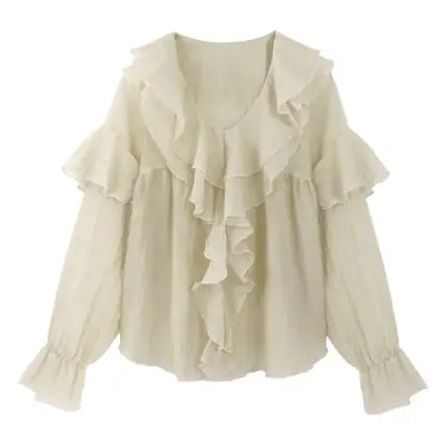Pink Pleated French Ruffle Long Sleeve Blouse for Women