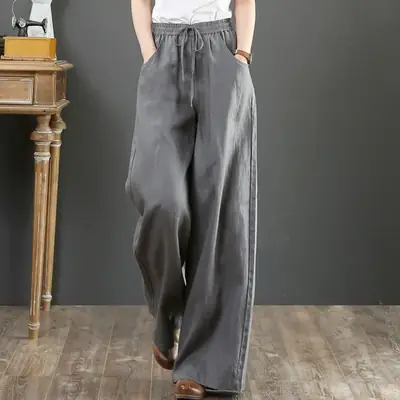 2026 Summer Linen Wide Leg Pants Loose Plus Size