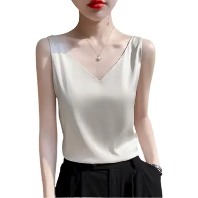 Green V-Neck Camisole with Double Shoulder Strap Acetic Satin