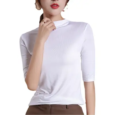 Women's Solid Color Modal T-Shirt Slim Fit Half High Collar