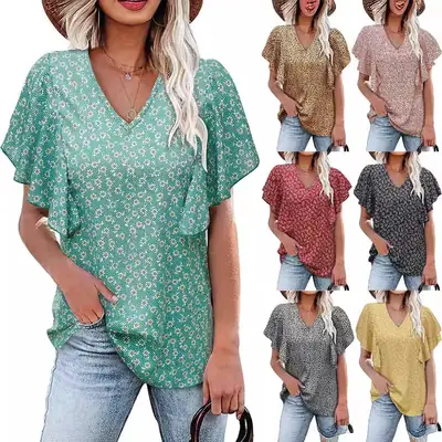2024 V Neck Leopard Print Pleated Shirt Women