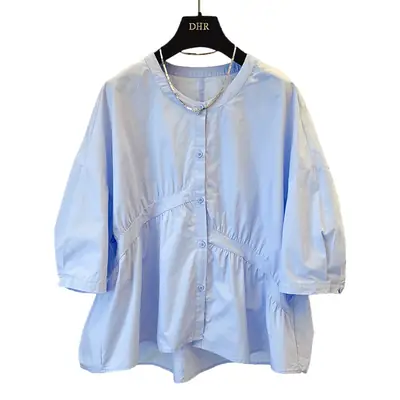 2025 Korean Style Loose Pleated Green Shirt Women Sun Protective