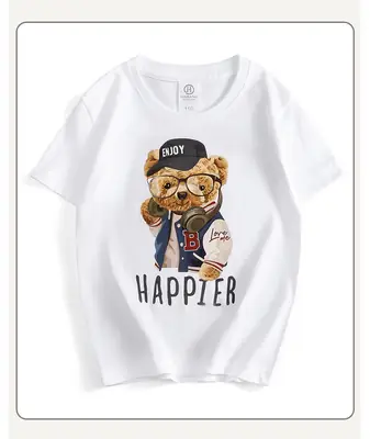Kids Happy Bear T-Shirt Black Round Neck Short Sleeve
