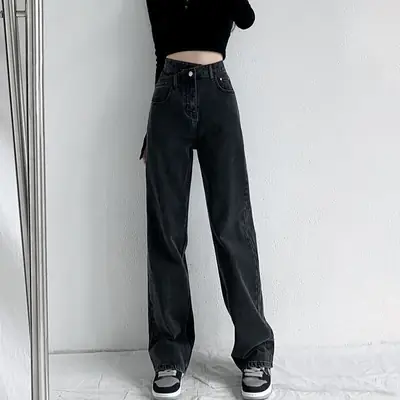 Women Black Wide Leg Jeans High Waist Loose Fit