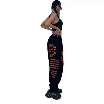 Women Hip-hop Printed Pants Black Loose Leg-toe