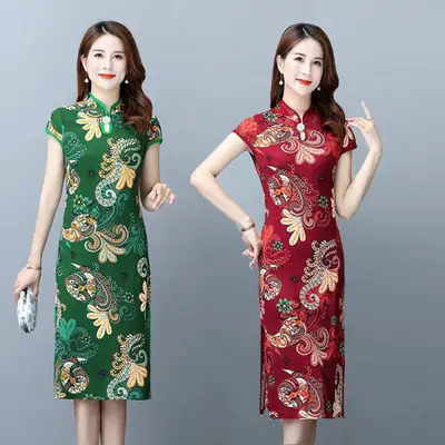 Middle-aged Mom Printed Slim Fit 2022 Dress Green Floral