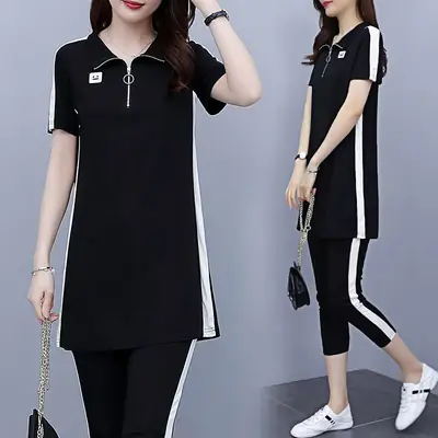Women Black Polo T-Shirt & Trouser Set Plus Size 2022