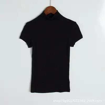 Black Half High Neck Short Sleeve T-Shirt 2022 Summer