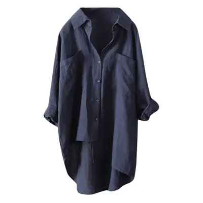 Women's White Cotton Linen Button Shirt Double Pocket Long Sleeve