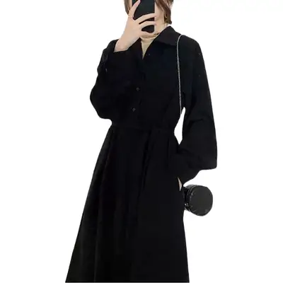 Black Long Sleeve Hem Bun Dress for Women