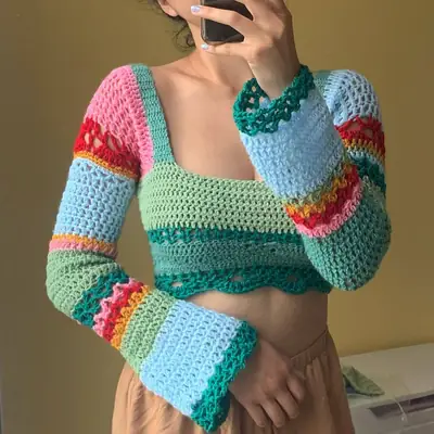 European American Women Crochet Color Stripe Top