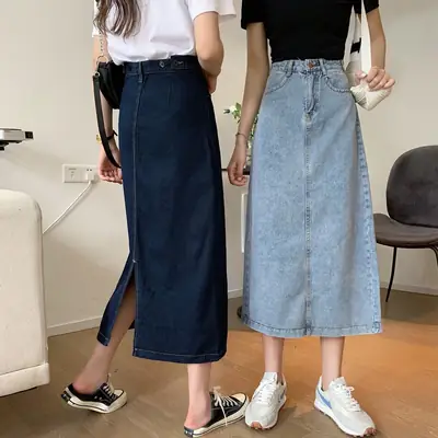 Women Split Denim Skirt High Waist Mid Length A Line