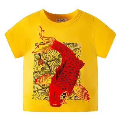 Kids Yellow Carp Print T-Shirt Pure Cotton Short Sleeve