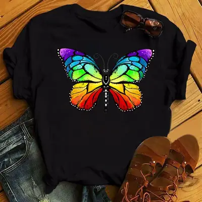 Women's Rainbow Butterfly Printed T-Shirt White 90s