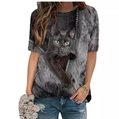 2021 Cat Print Cotton T-Shirt O Neck Casual Summer