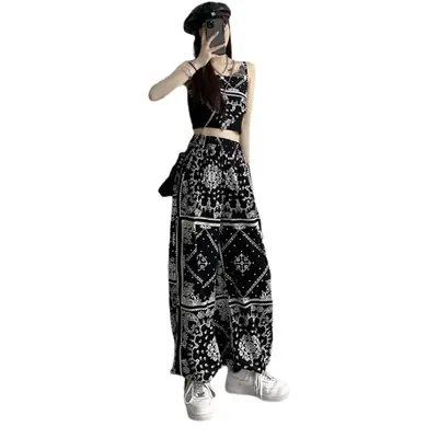 Women's Black White Floral Wide Leg Pants Summer 2022